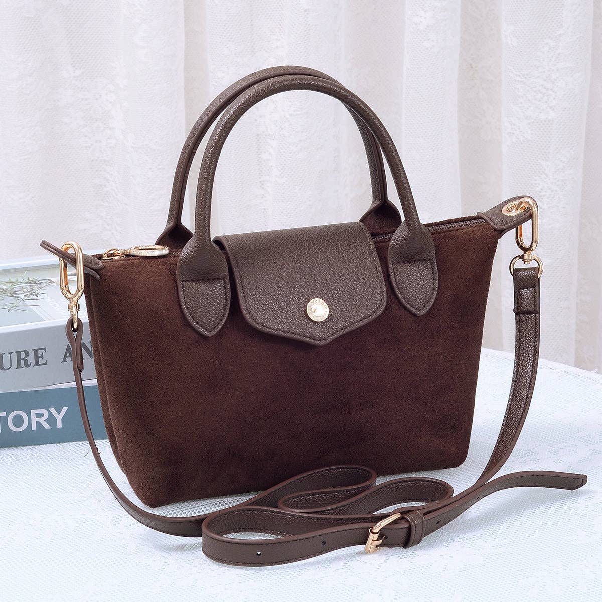 Britney Suede Double Handle Crossbody Bag: Chocolate